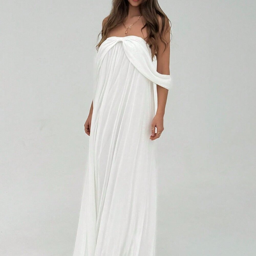 White Elegant Women's Holiday Sexy Off Shoulder Strapless Flowing Backless Dress - Picture 5 of 8